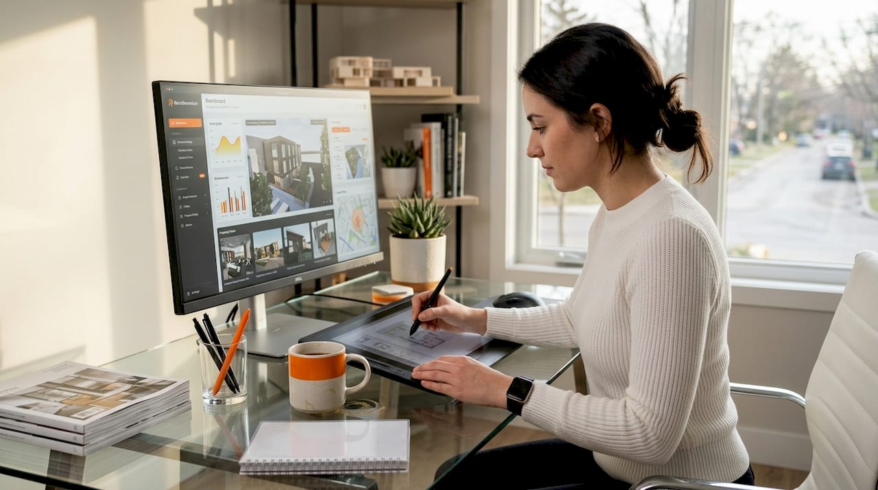 Architect interacting with 3D visualization workstation at home office