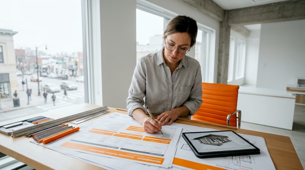 Architect reviewing project workflow plans at drafting table