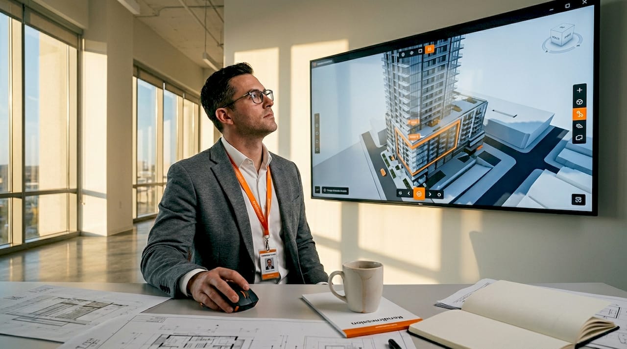 Architect navigating 3D building walkthrough