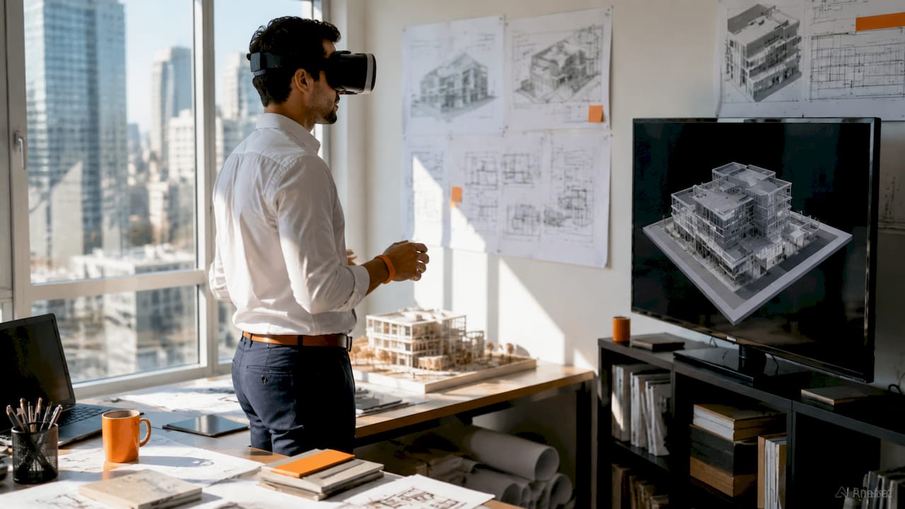 Architect reviewing immersive walkthrough at desk