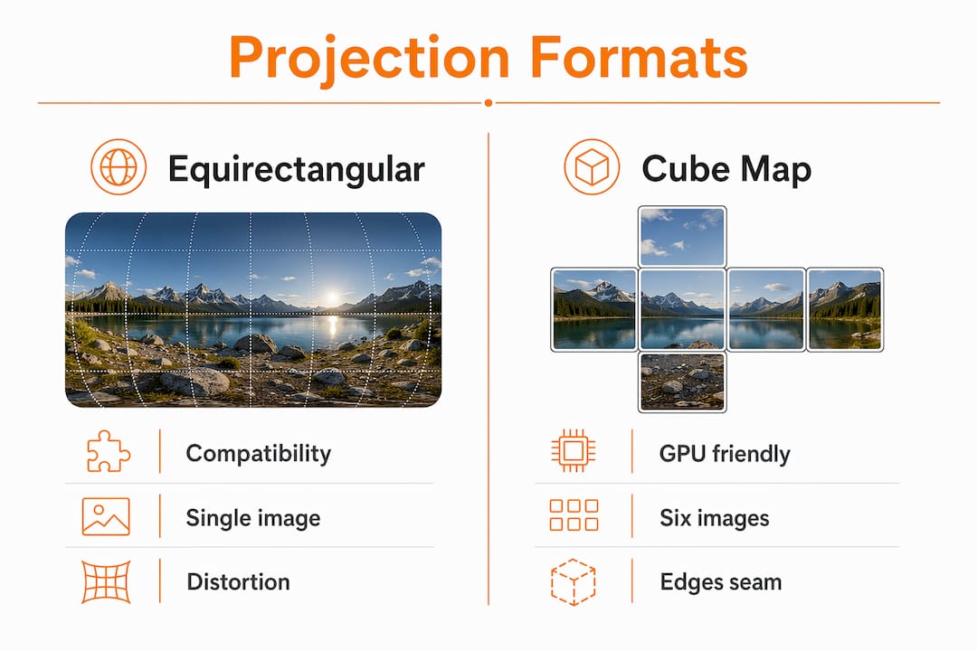 Infographic comparing projection formats of panoramic rendering