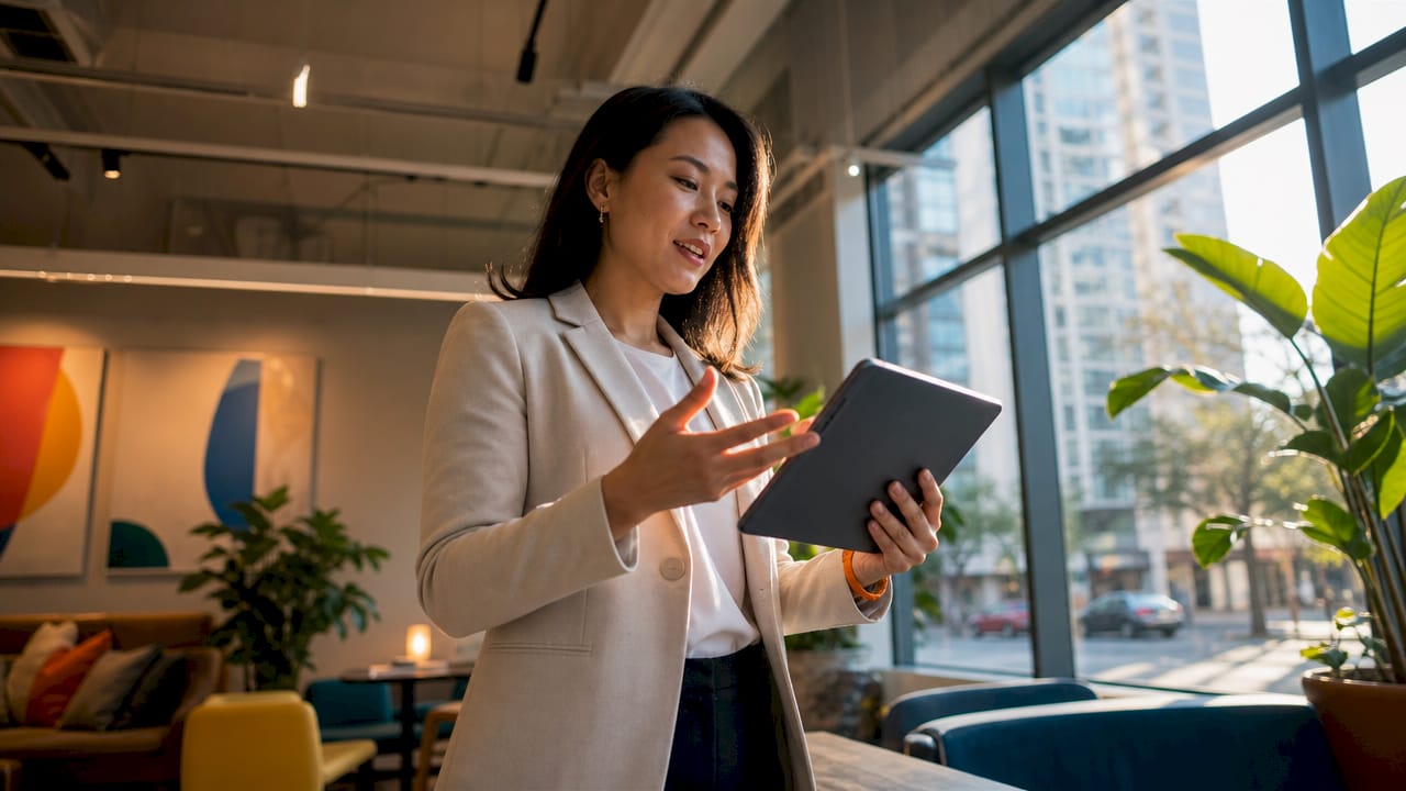 Agent interacting with digital property tour on tablet