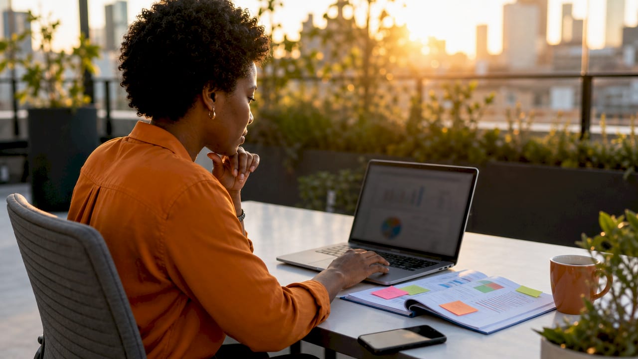 Professional woman reviewing marketing dashboard at desk