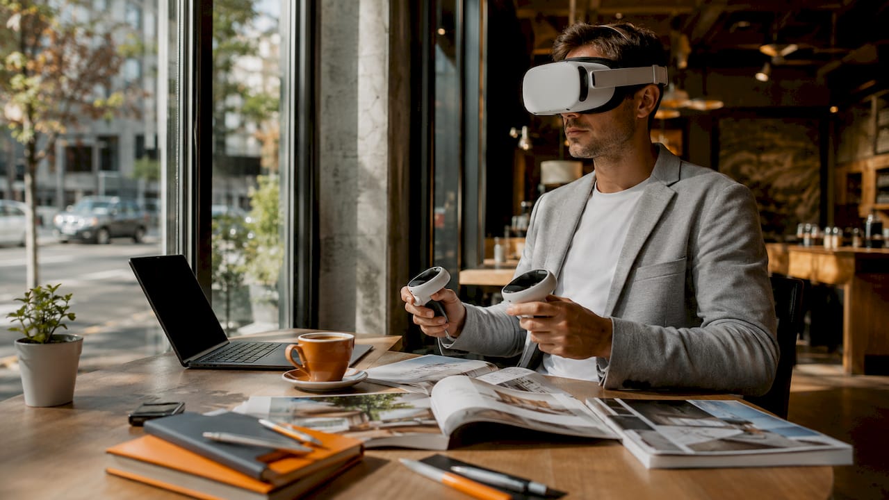 Real estate agent using VR headset indoors