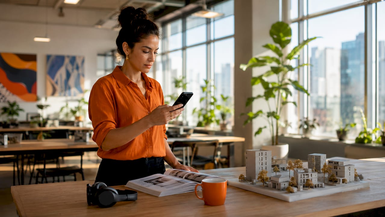 Woman interacting with AR on smartphone at office desk