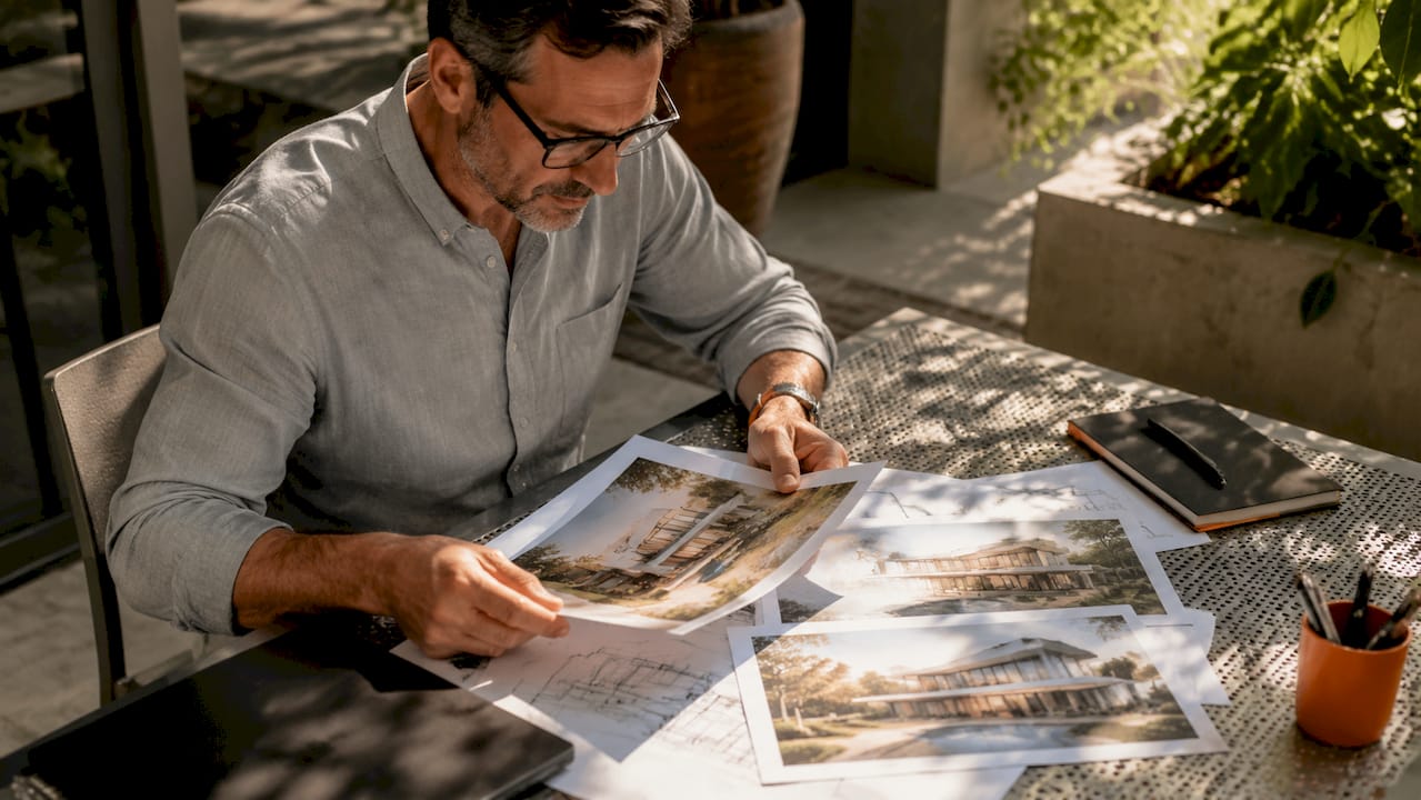 Architect reviewing renderings under morning light