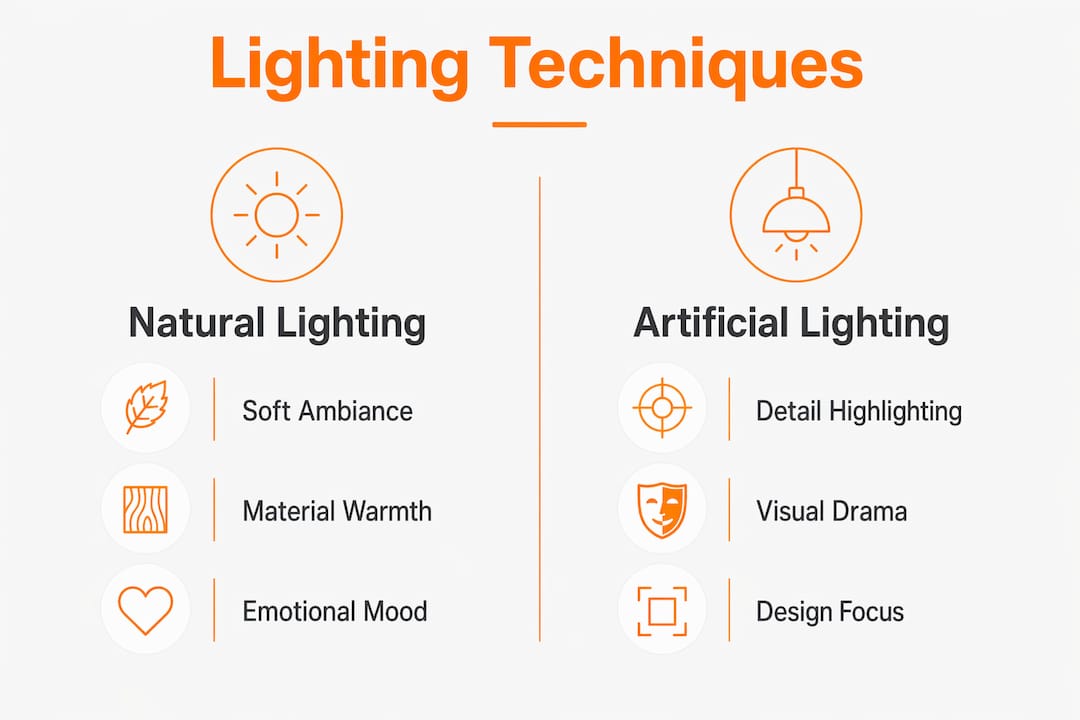 Infographic comparing natural and artificial lighting techniques