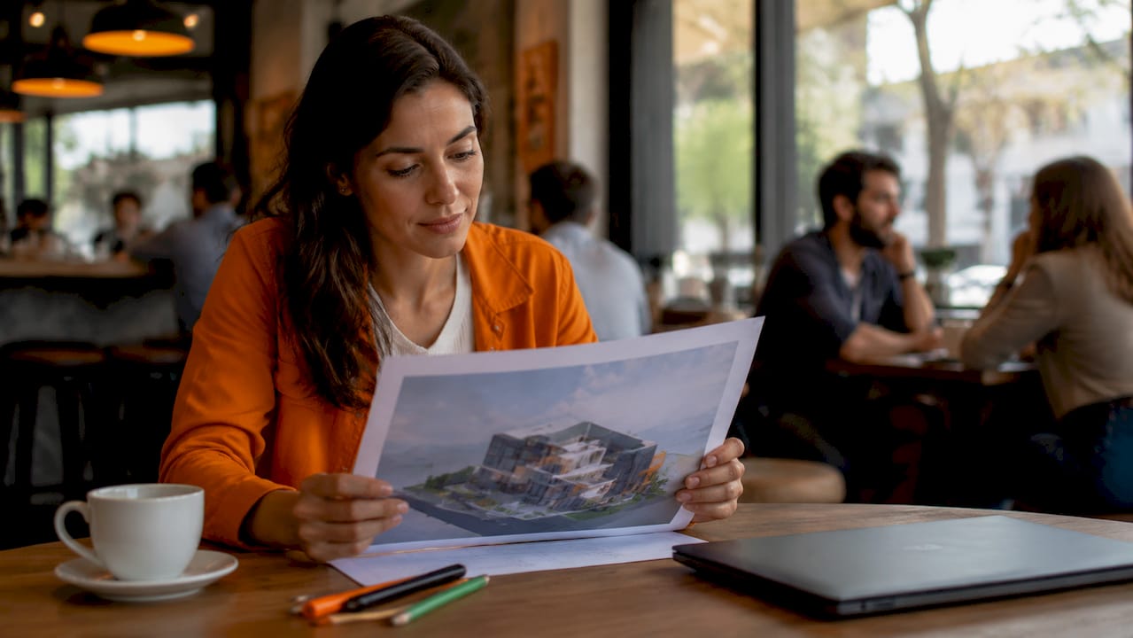Professional woman reviewing 3D rendering materials