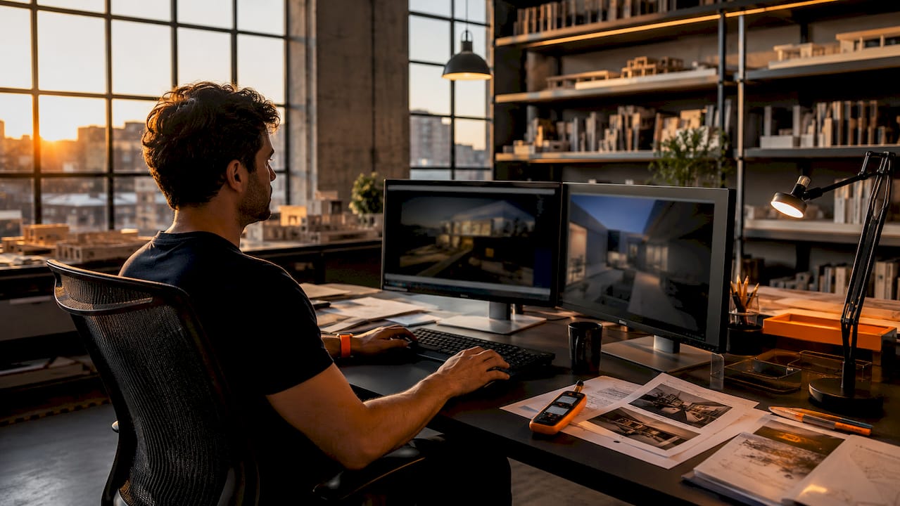 3D artist working with lighting setups in office