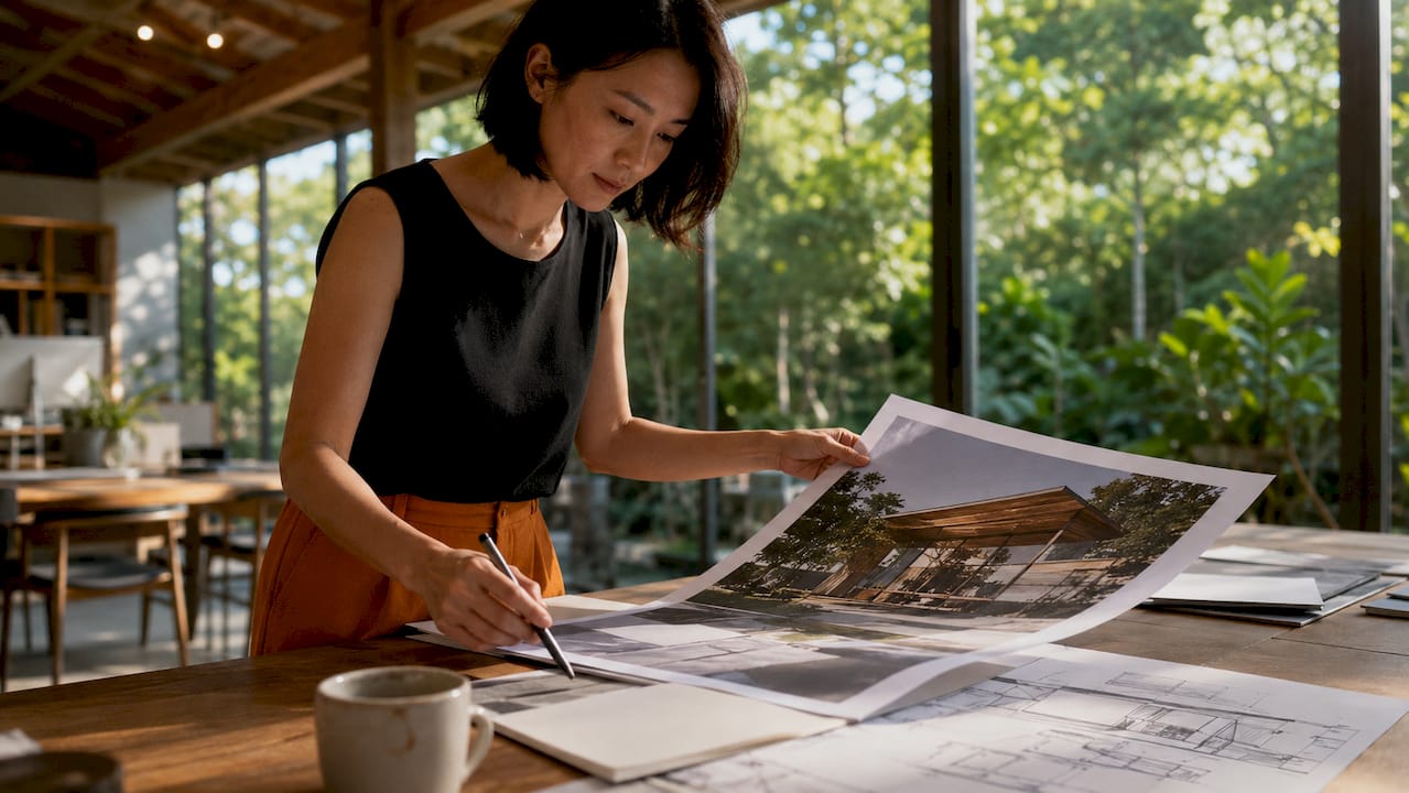 Architect reviewing layered render prints at desk