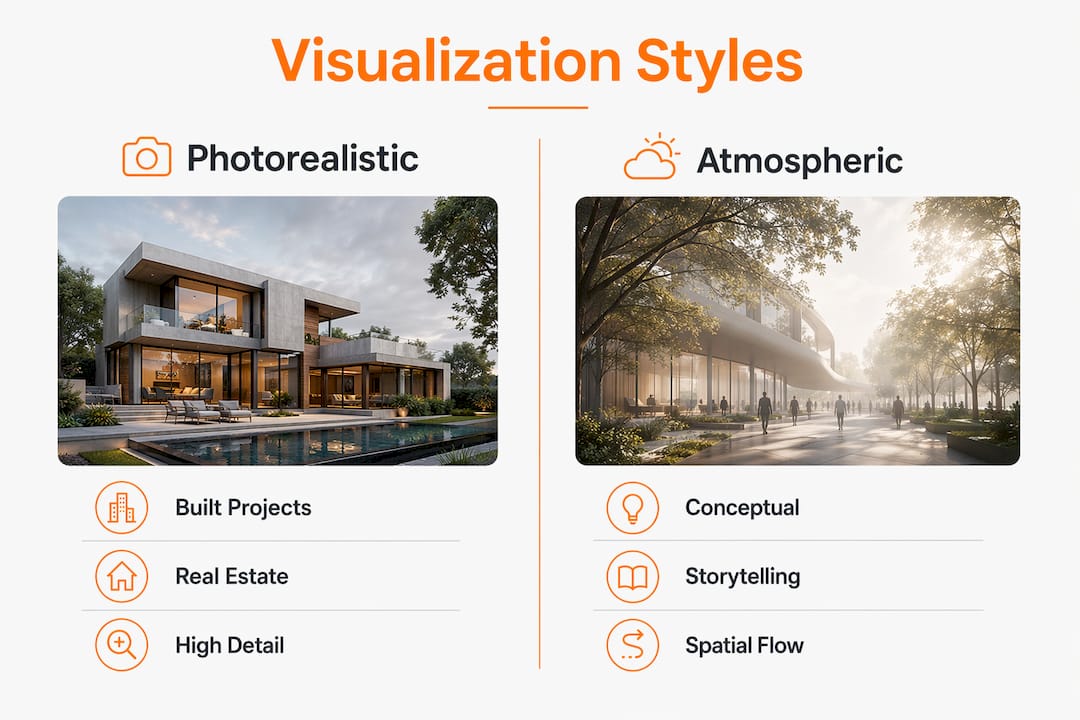Infographic comparing photorealistic and atmospheric visualization styles