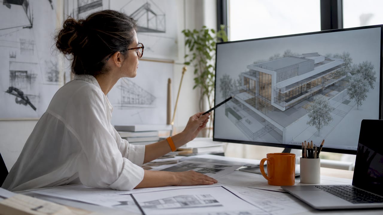 Architect reviewing 3D model at workspace