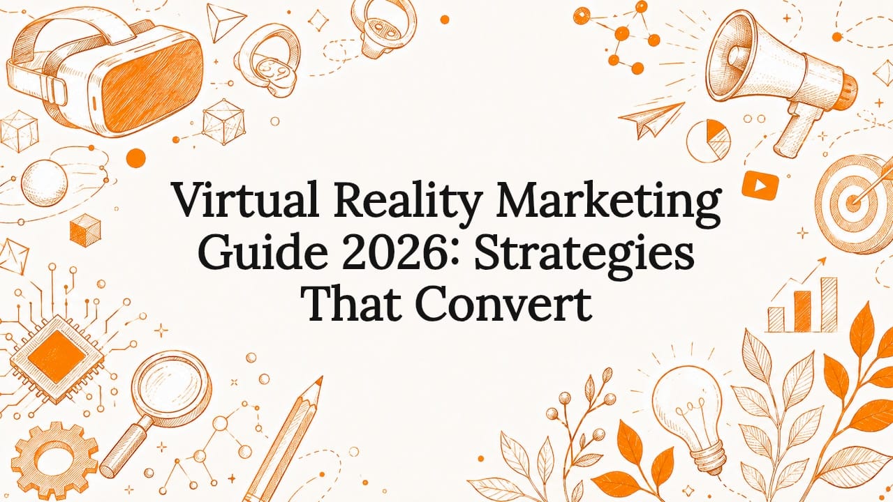 Decorative title card illustration with VR and marketing elements