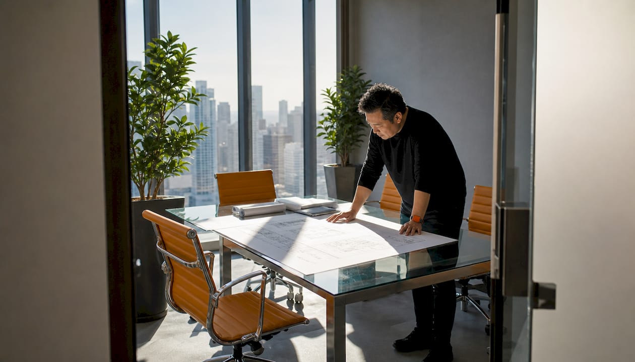 Architect reviewing digital 3D building renderings