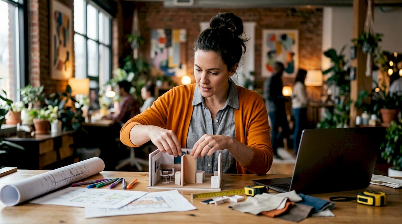 Female planner adjusting trade show booth model