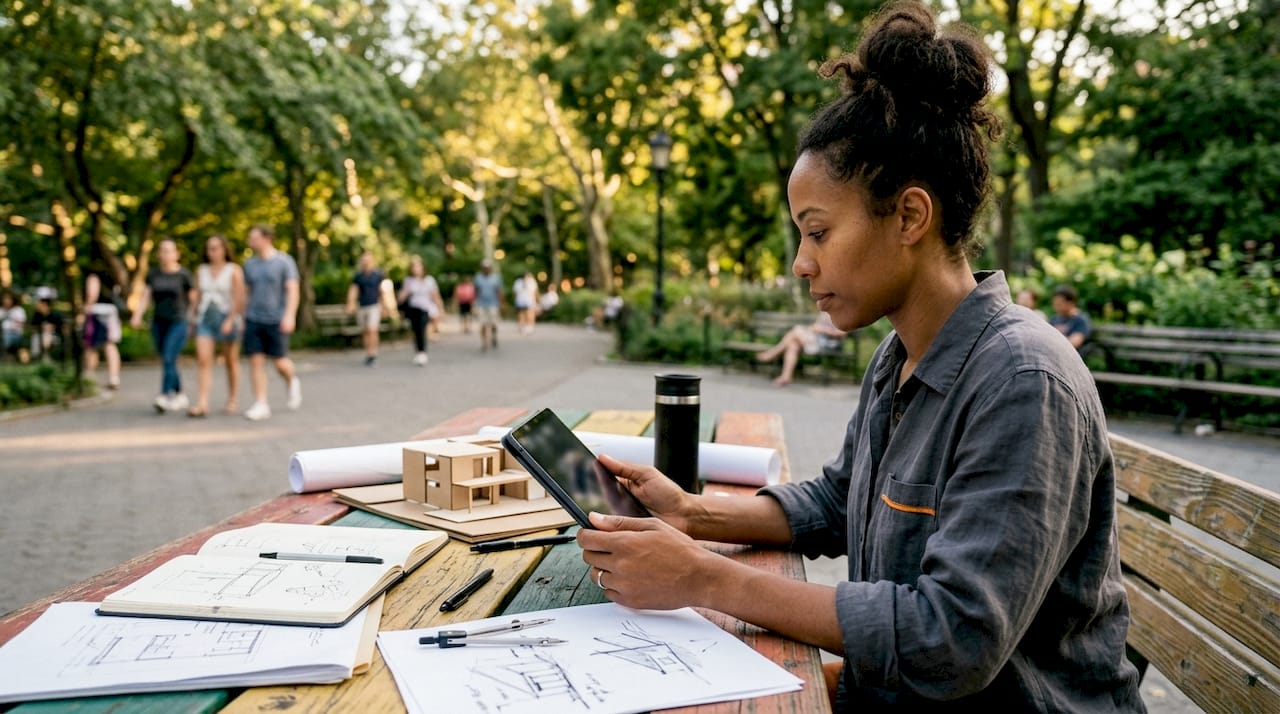 Architect reviewing 3D model on tablet at desk