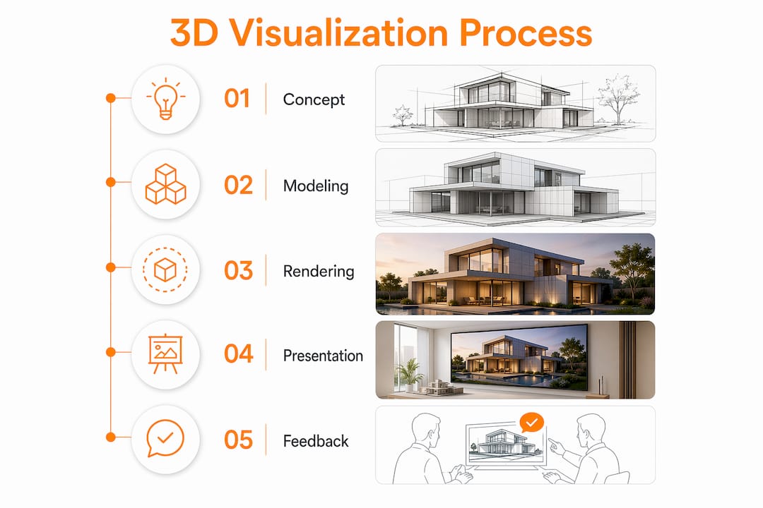 Infographic outlining 3D visualization process steps in client pitches