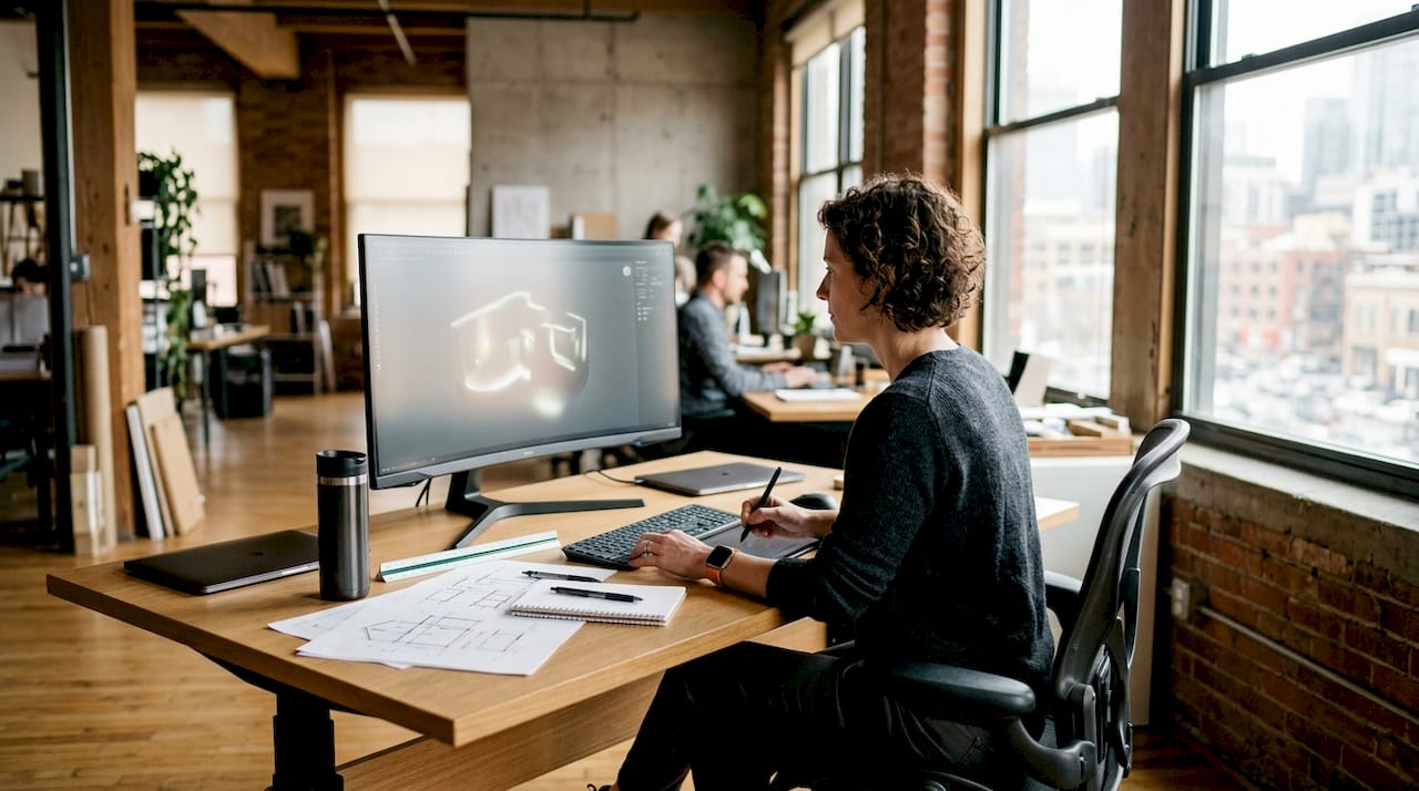 Architect working on 3D model at office desk