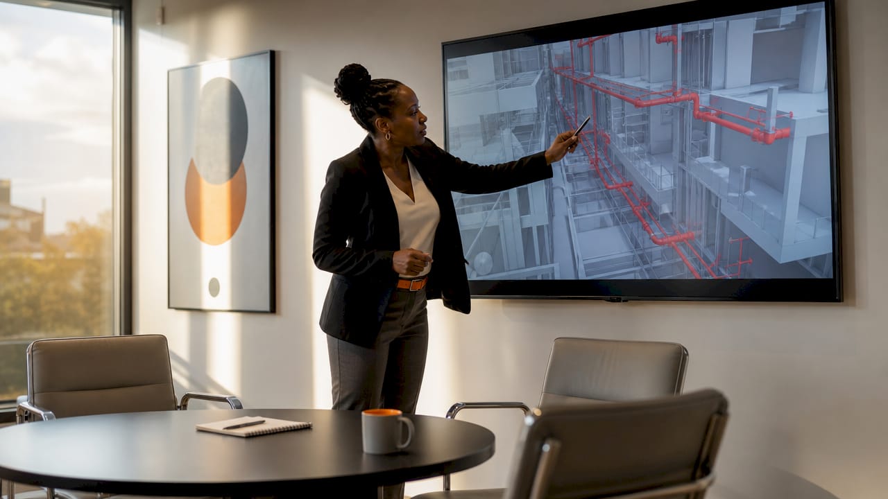 Construction manager reviewing 3D clash detection model