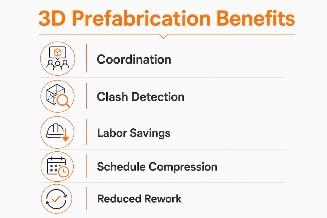 Infographic showing 3D prefabrication benefits in steps