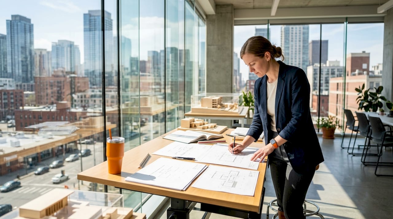 Architect reviewing schematic drawings