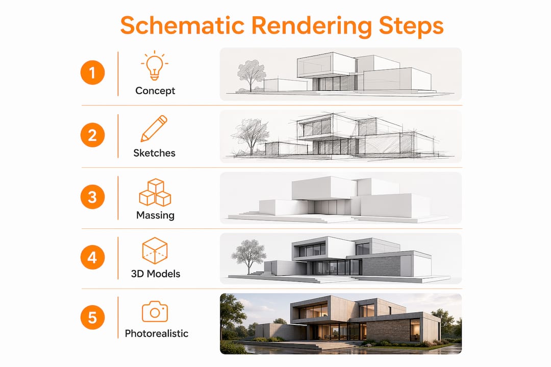 Infographic showing schematic design rendering methods steps