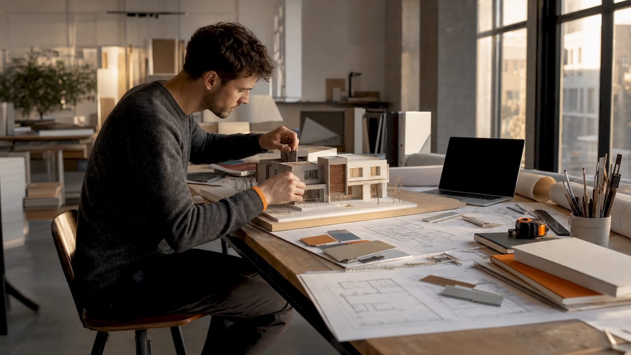 Architect working on physical model at desk