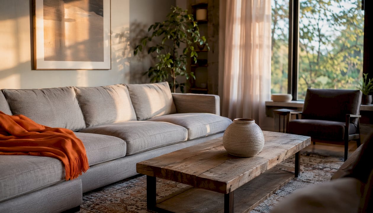 Warm modern heritage living room scene