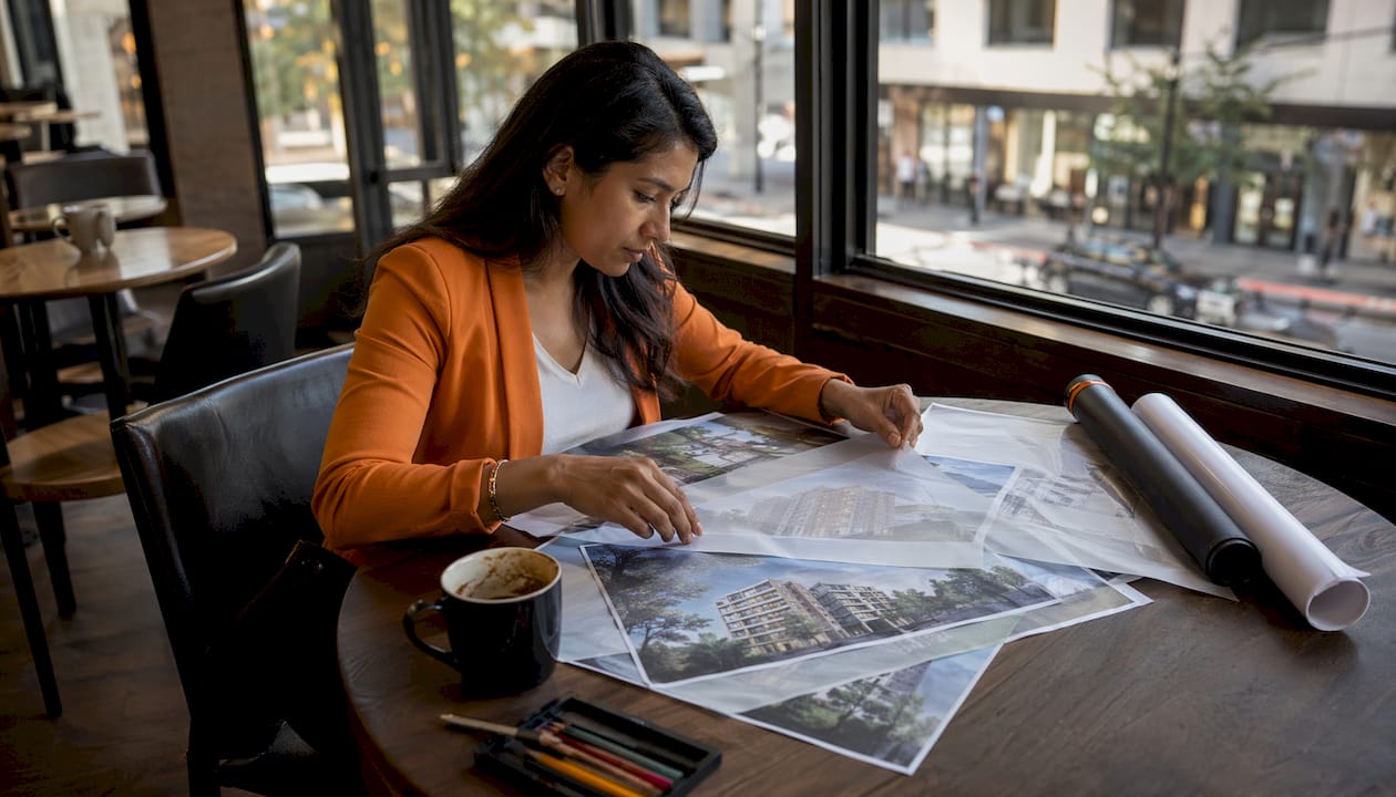 Professional woman reviewing architectural renders at desk