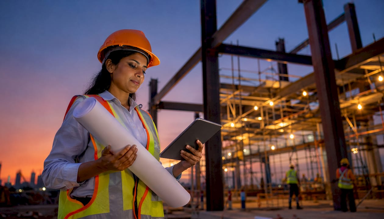 Architect reviewing blueprints onsite