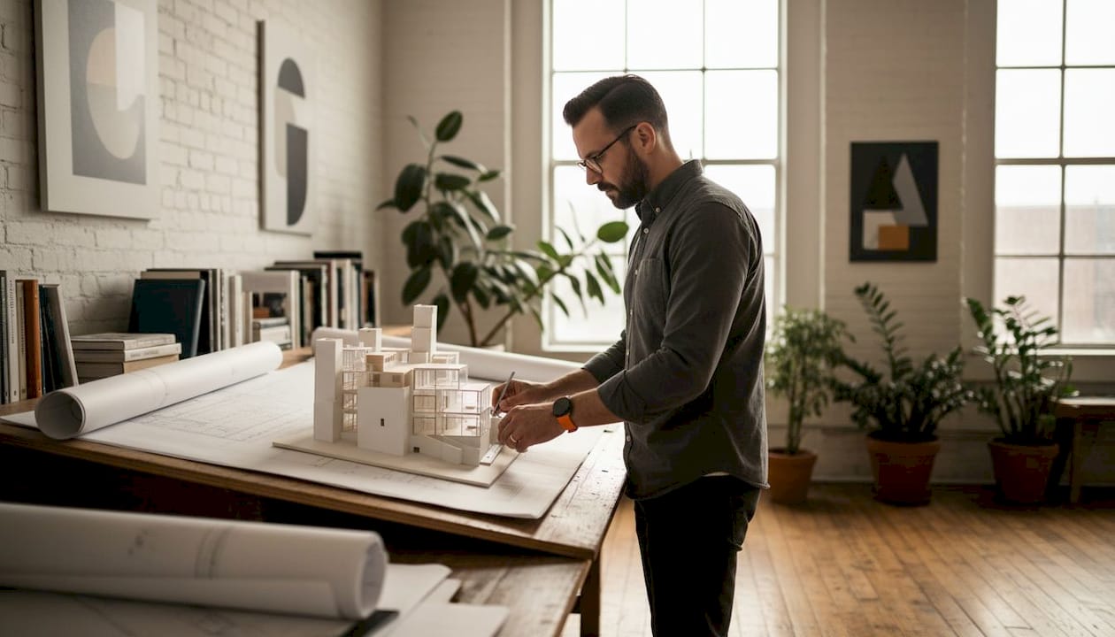 Architect reviewing architectural blueprints in office