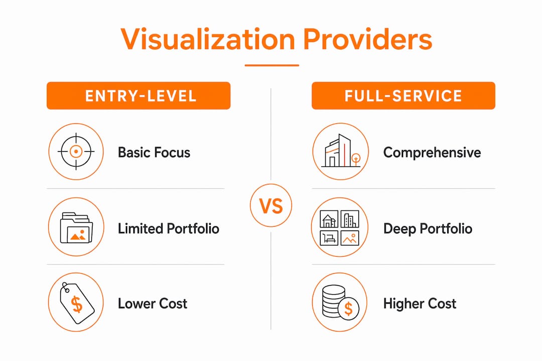 Infographic comparing entry-level and full-service visualization providers