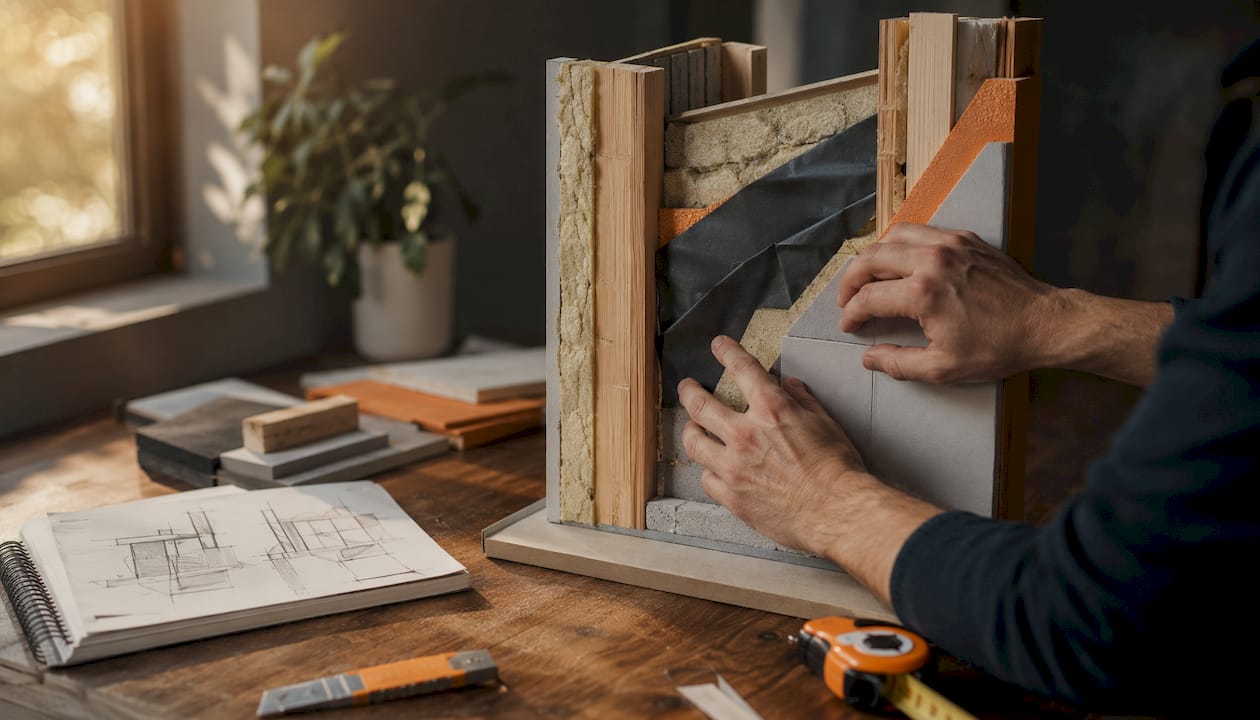 Hands assembling wall section architectural model