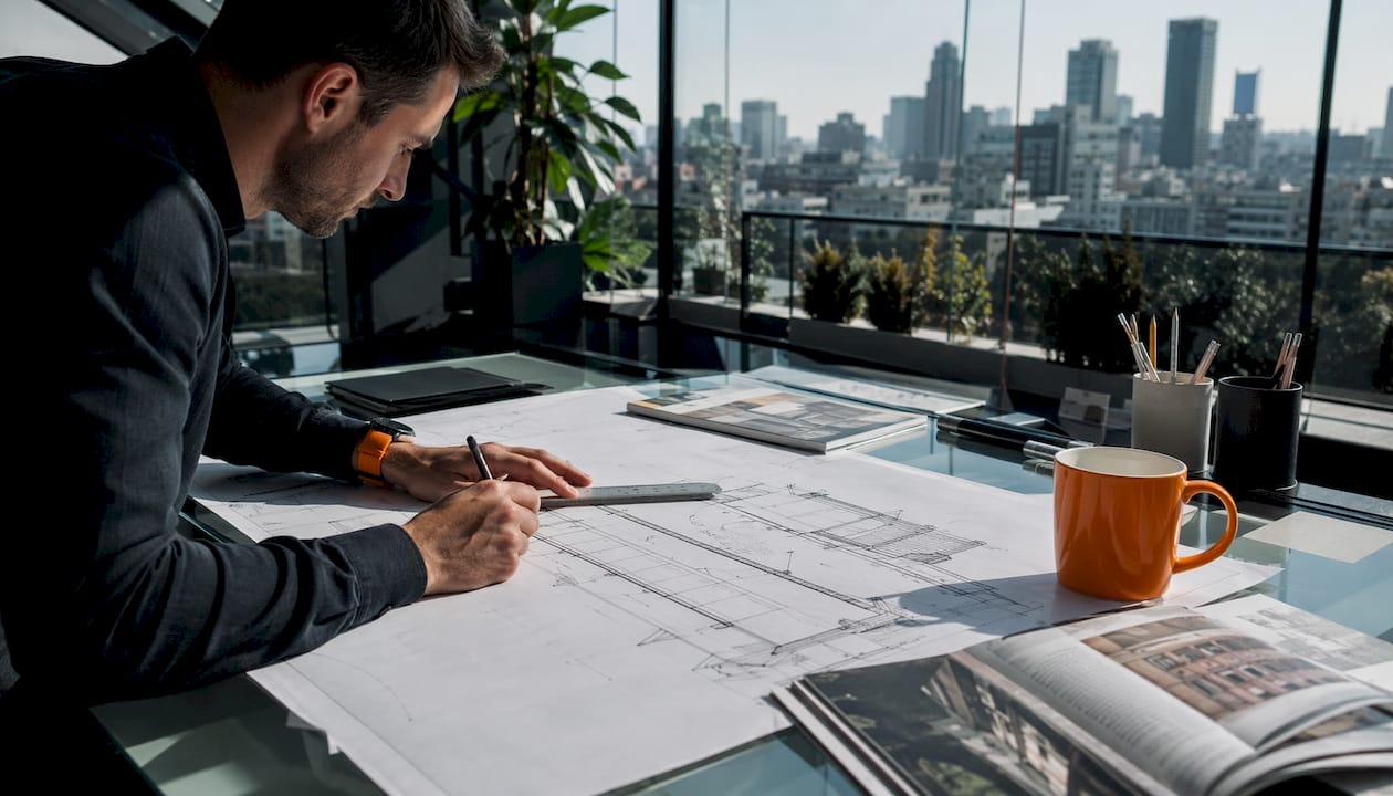 Architect reviewing building section drawings