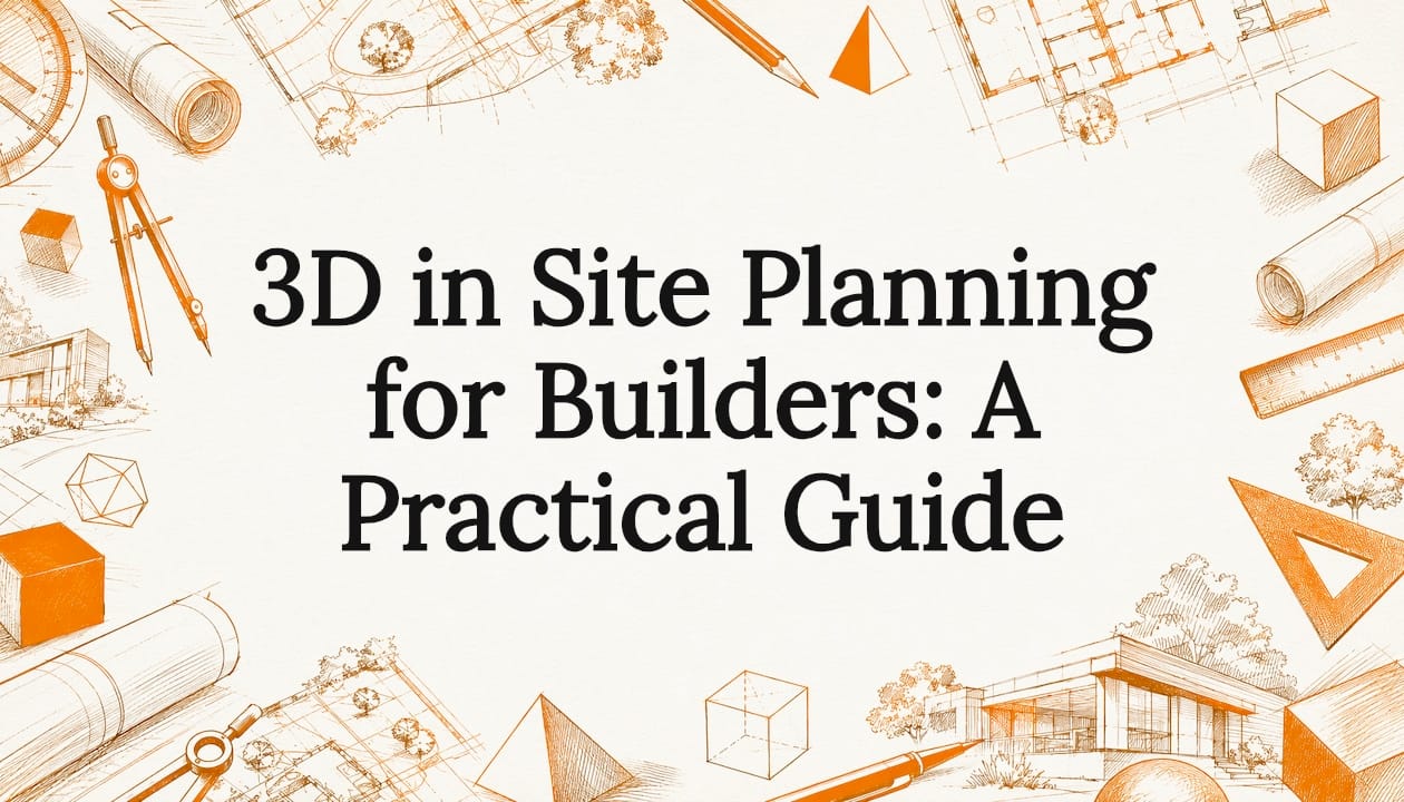 Decorative illustrative title card with site planning icons