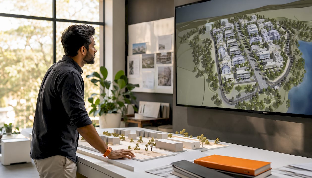 Architect reviewing 3D site plan on computer