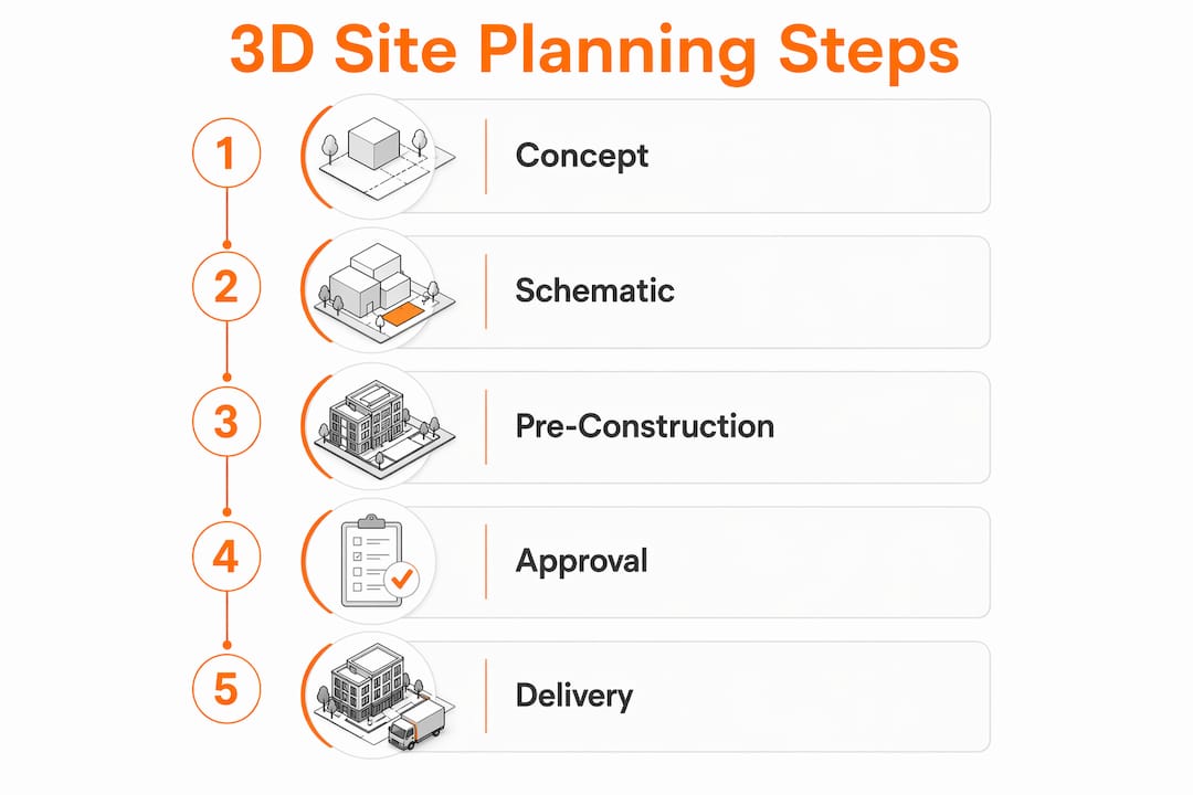 Infographic illustrating key 3D site planning steps for builders