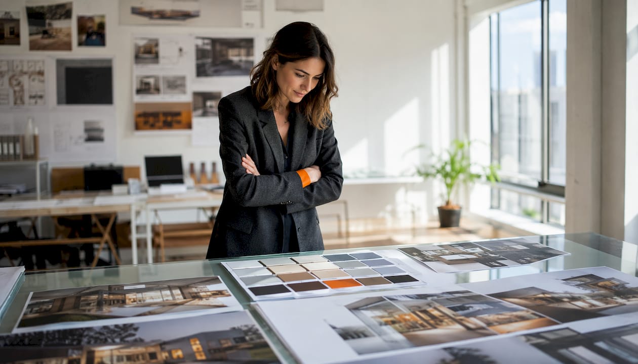 Architect reviewing render samples in office
