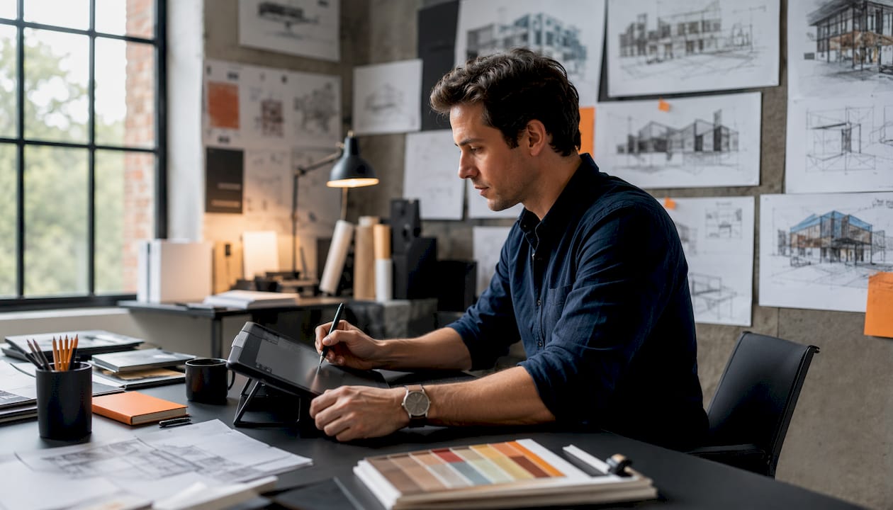 Close-up of architect adjusting rendering software