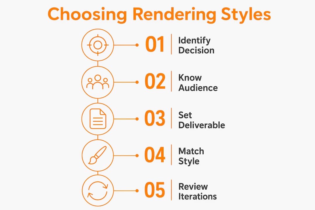 Infographic detailing steps to choose rendering styles