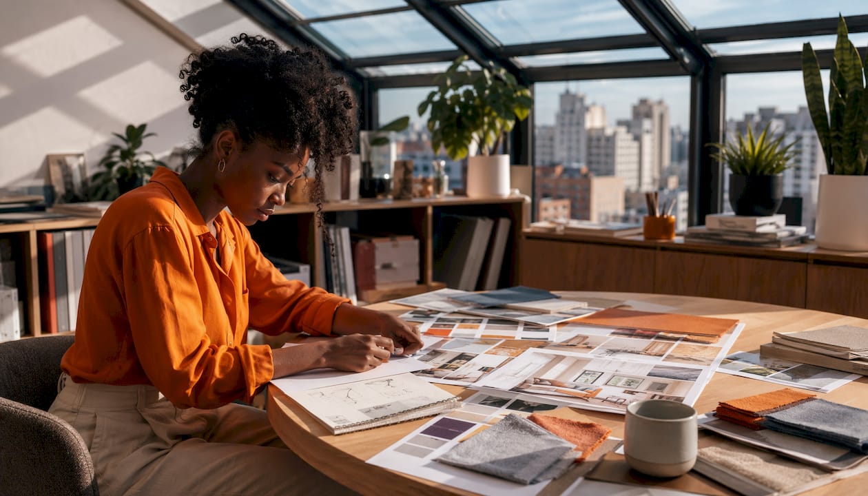 Designer reviewing interior design renders in studio