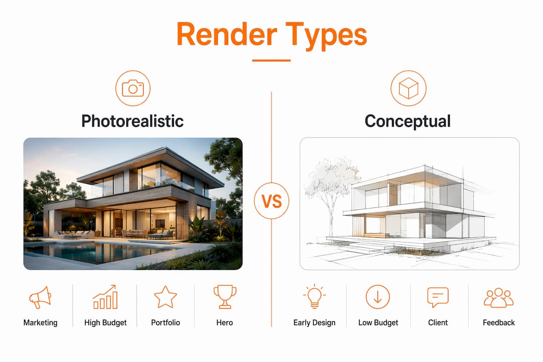 Infographic comparing render types and uses in portfolios