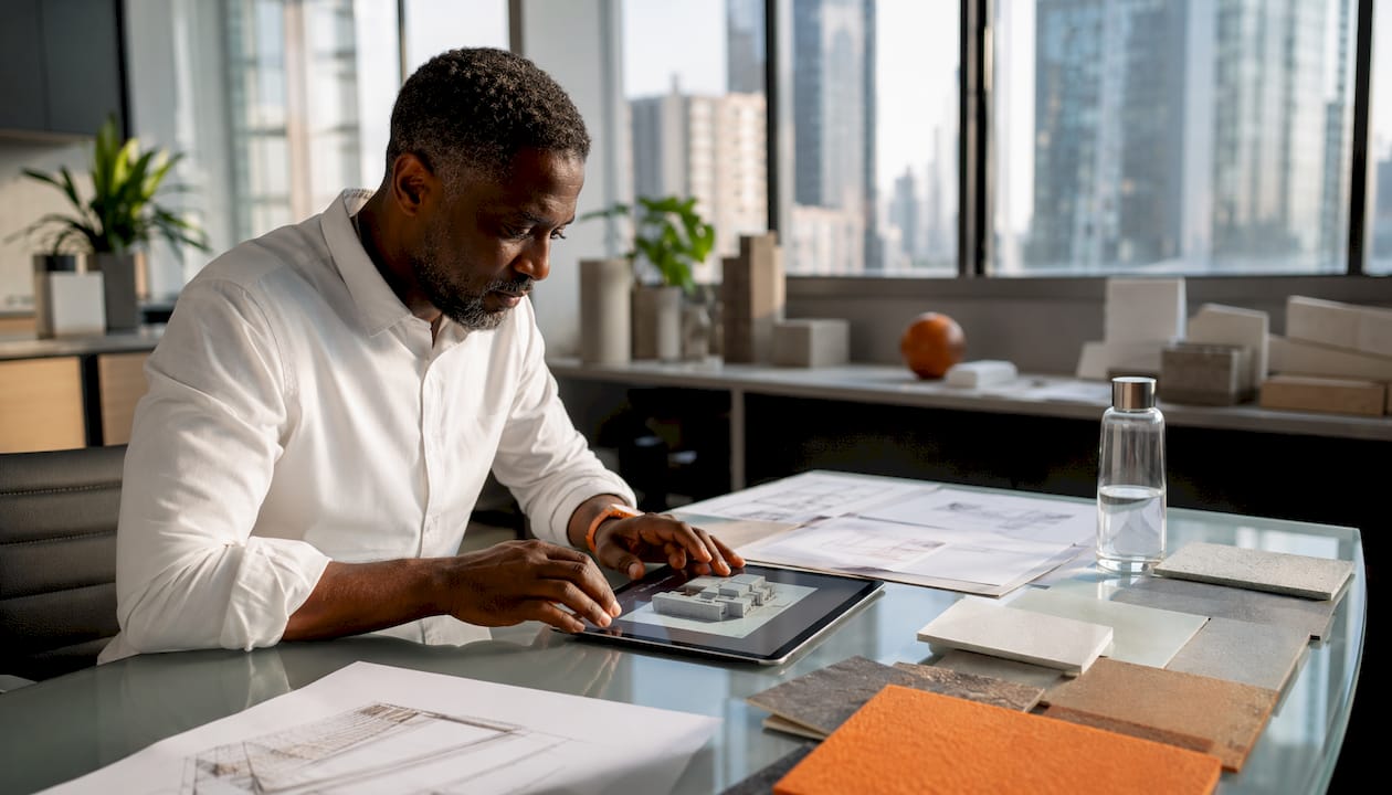 Architect reviewing 3D model on tablet