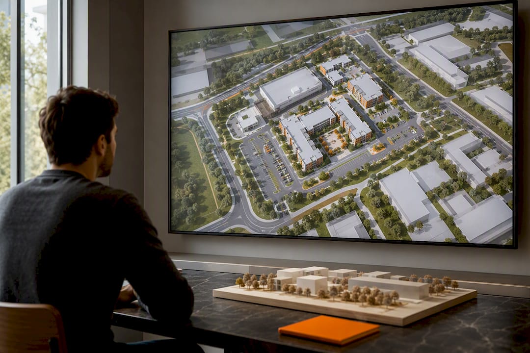 Bird's-eye 3D site plan rendering