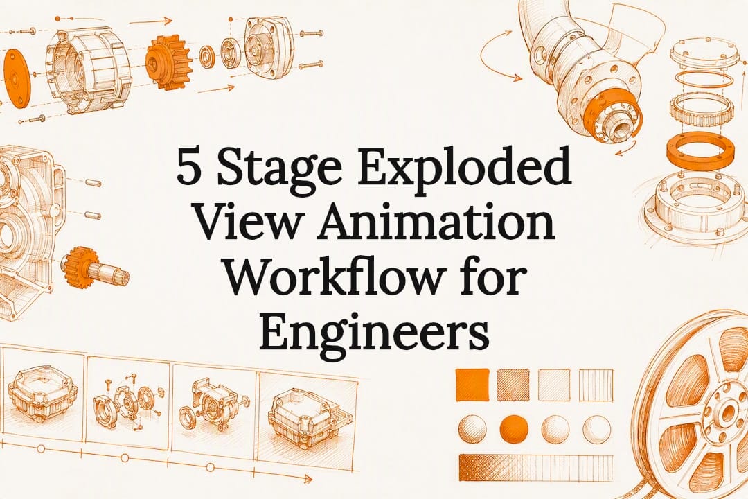 Exploded view animation workflow title card
