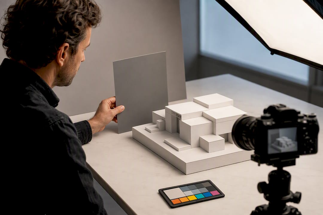 Gray card beside white architectural model