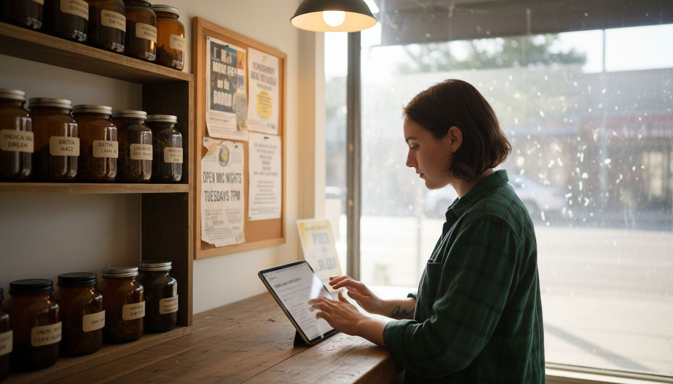 Dispensary owner updating online profile at counter