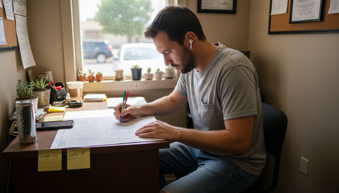 Man updating dispensary review counts spreadsheet