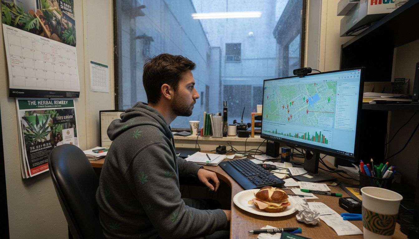 Specialist analyzing SEO results in dispensary office