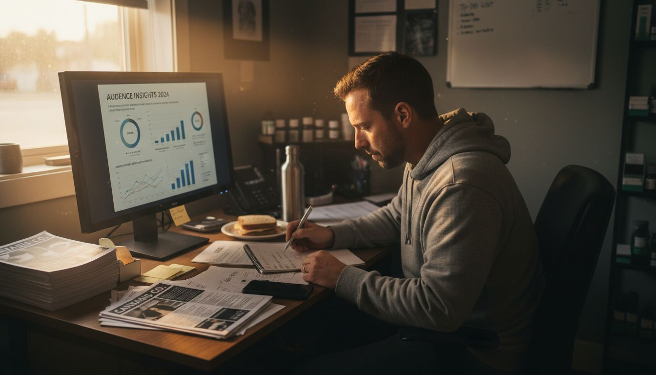 Specialist reviewing cannabis content strategy notes